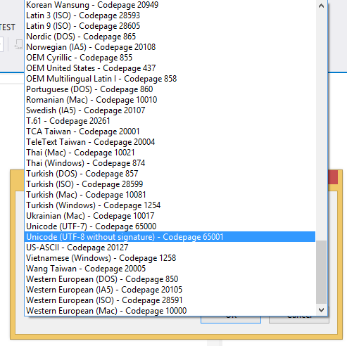 Choose Unicode (UTF-8 without signature) - Codepage 650001